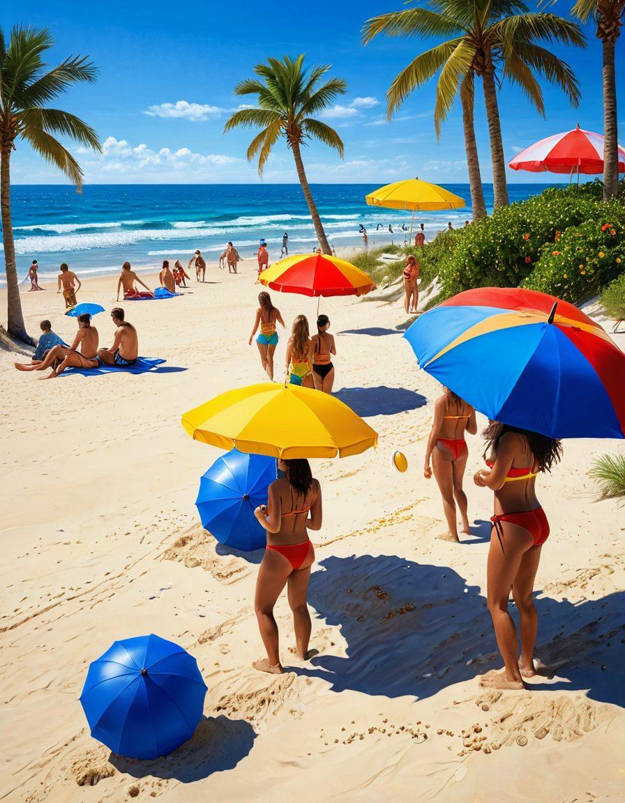 A vibrant beach scene featuring diverse individuals wearing flag-themed swimwear, enjoying the sun and splashing in the waves. Include colorful beach umbrellas, sandcastles, and beach balls in the background, with a clear blue sky and palm trees swaying gently. Emphasize a festive and lively atmosphere that captures the essence of summer fun. super-realistic. vibrant colors. sunny backdrop.